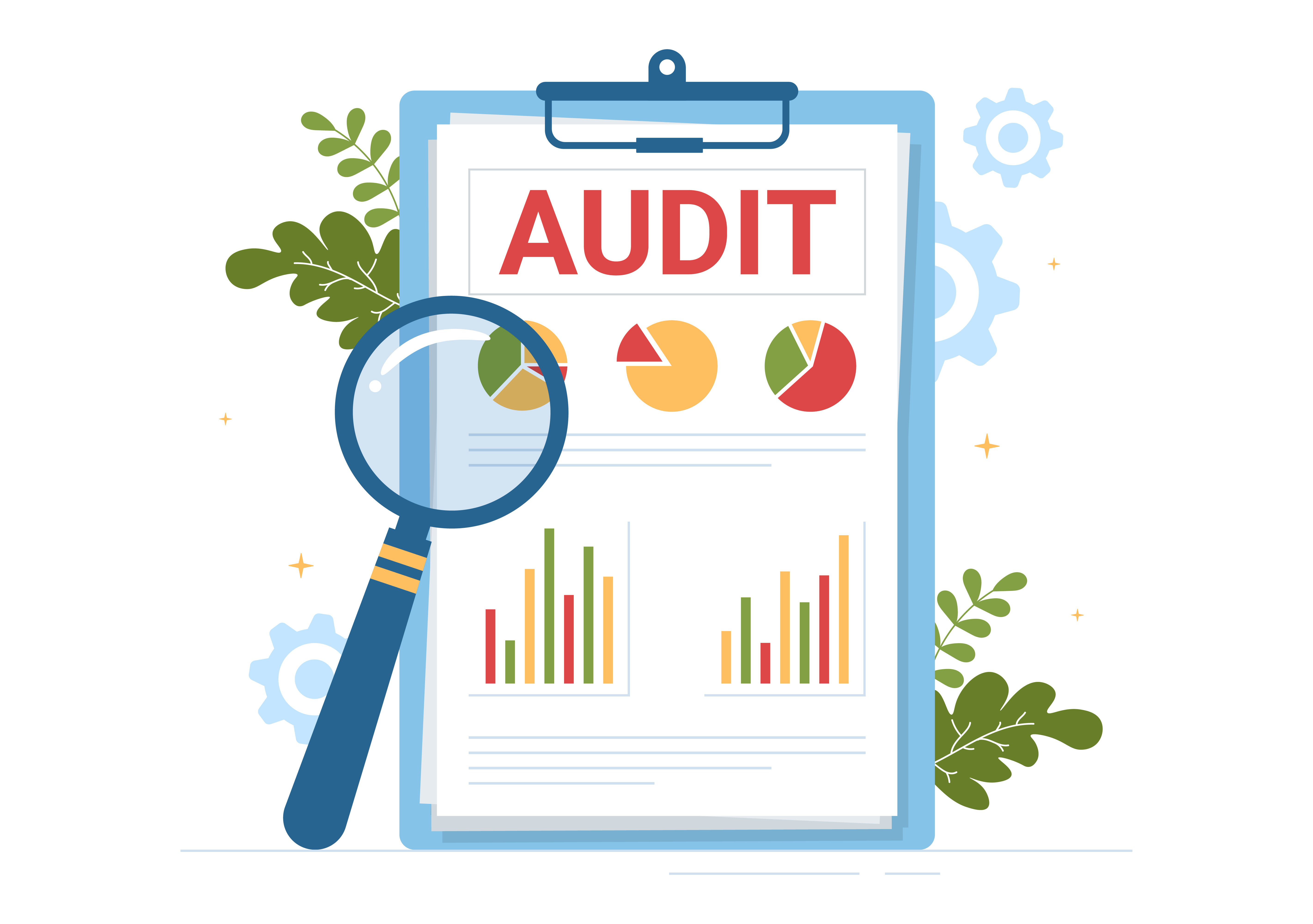 Business Audit of Documents with Charts, Accounting, Calculations and Financial Report Analytics in Flat Cartoon Hand Drawn Templates Illustration